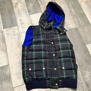 J Crew Preppy Plaid Puffer Goose Down Vest Academia Hoodie Navy Green Red M